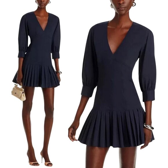 Cinq A Sept Sawyer V-Neck Pleated Mini Dress Women's 00 Blue Drop Waist Chic NWT - Picture 1 of 16